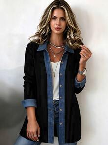 SHEIN LUNE American Vintage 2 In 1 Denim Patchwork Ribbed Long Shirt For Women, Collared Contrast Color Vertical Stripe Mid-Length Jacket - Black - View 1