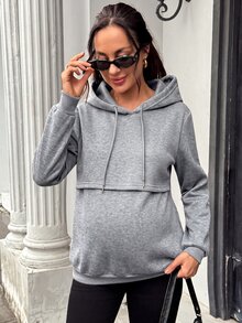 SHEIN 孕婦純色長袖休閒抽繩連帽哺乳衛衣 冬季 - 灰色 - 查看 5