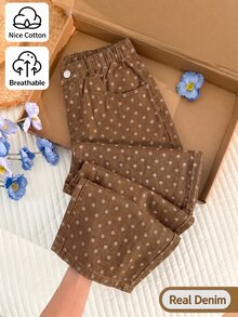 SHEIN 女童棕色波點寬腿褲，寬鬆直筒時尚百搭休閒全棉牛仔長褲，可愛返校季兒童寬鬆長褲 - 棕色 - 查看 1