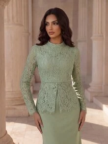 Coutiva Elegant Formal Romantic Lady Lace Long Sleeve Mermaid Dress Wedding Gala Dinner Sage Green - Green - View 6