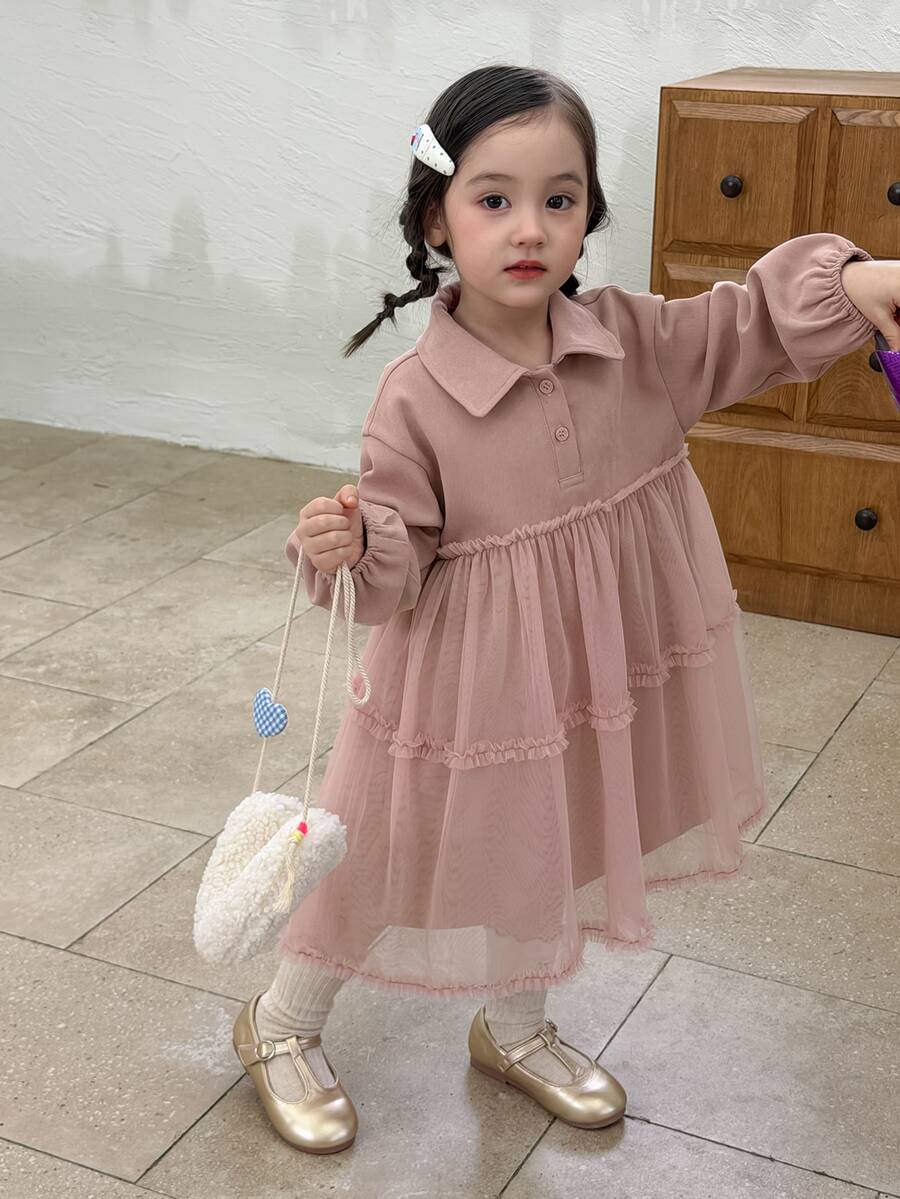 DAZY 嬰兒/幼兒(女童)翻領網紗拼接長袖秋冬大氣韓風洋裝 - 粉色 - 查看 1