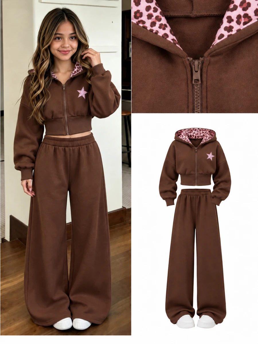 SHEIN Young Girls Brown Fleece Lined 2pcs Set, Star Print Hooded Zip Up Sweatshirt & Wide Leg Pants For Fall Winter - Brown - View 1