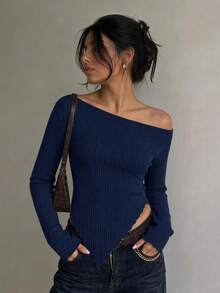 SHEIN SXY Grunge 風格不對稱領羅紋針織 T-shirt，秋季女款外出上衣 - 藏蓝色 - 查看 8
