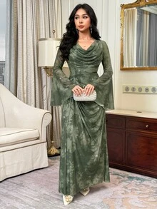 Feyla Women's Tie-Dye Rhinestone Cowl Neck Flared Sleeve Pleated Elegant Dress - Green - View 5