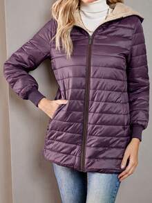 Aveloria Modichic 女款純色長袖拉鍊連帽抓絨休閒加厚棉服外套，冬季保暖衣物 - 紫色 - 查看 5