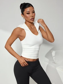 Solea Cove Women's White Sports Sweatshirt, Sleeveless V-Neck Sweatshirt, Suitable For Autumn, Winter, Spring, Summer, Yoga, Running, Gym, Commuting - White - View 5