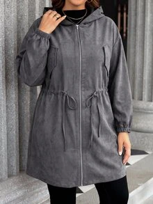 SHEIN LUNE 大尺碼素色連帽前開襟拉鍊休閒長袖夾克 秋季服飾 家庭度假 辦公室 棕色 - 霧霾藍 - 查看 3