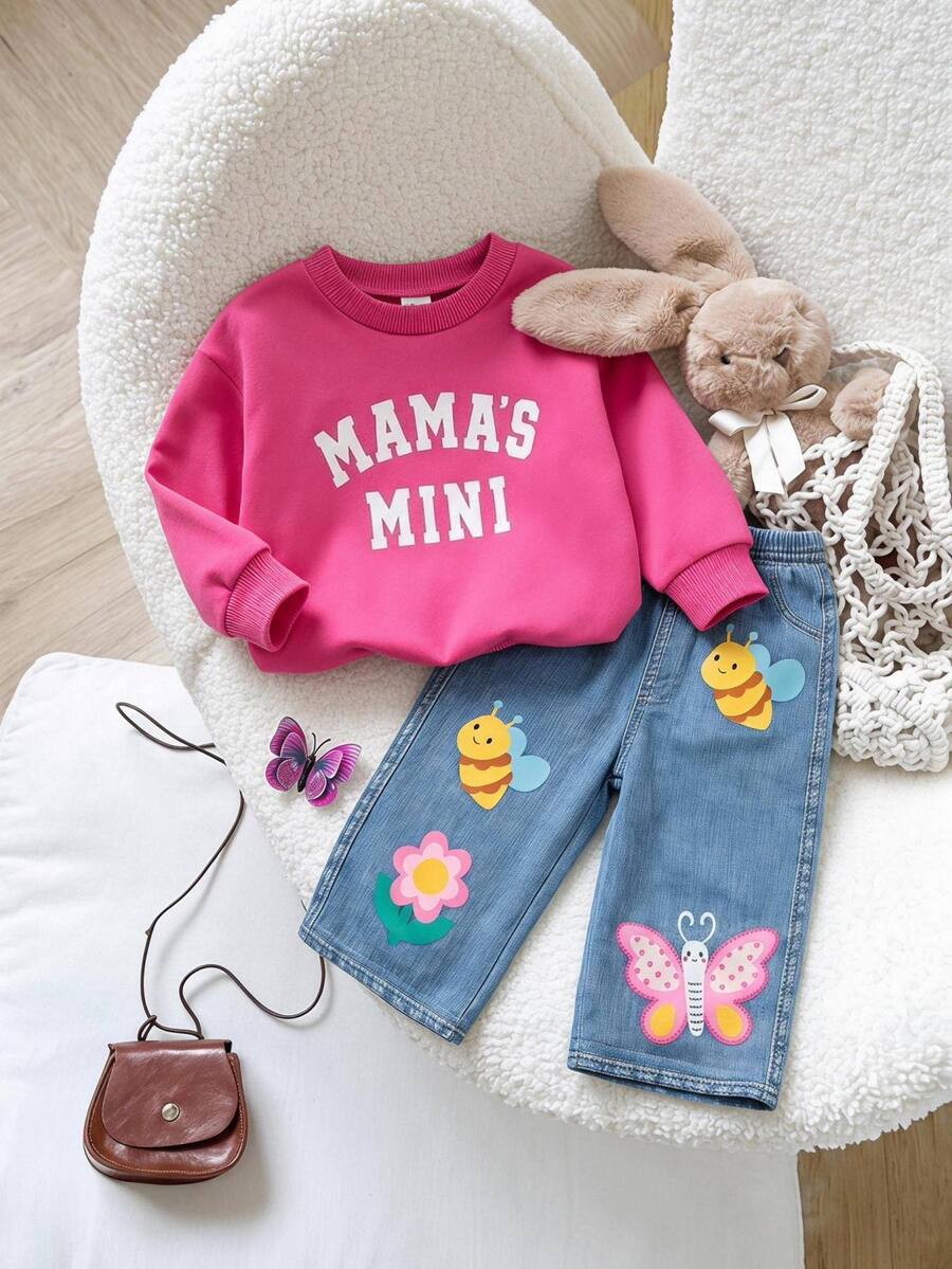 SHEIN Baby Girl Letter Graphic Pullover Sweatshirt & Cartoon Bee Butterfly Print Jeans Set - Multicolor - View 1