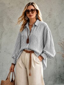 Ceyna Plus Striped Print Drop Shoulder Oversize Lantern Sleeve Shirt - Multicolor - View 5