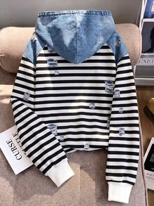 SHEIN 青少年女孩秋季黑白配色連帽衛衣 扇形飾邊 寬鬆版型 落肩長袖套頭衫 六年級畢業 大學風 可愛 - 白色 - 查看 3