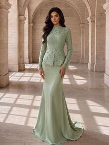 Coutiva Elegant Formal Romantic Lady Lace Long Sleeve Mermaid Dress Wedding Gala Dinner Sage Green - Green - View 1