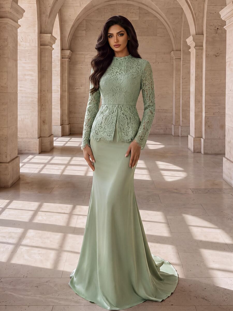 Coutiva Elegant Formal Romantic Lady Lace Long Sleeve Mermaid Dress Wedding Gala Dinner Sage Green - Green - View 1