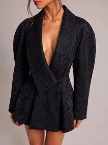 SHEIN BAE 女款披肩領提花優雅西裝外套 - 黑色 - 查看 7