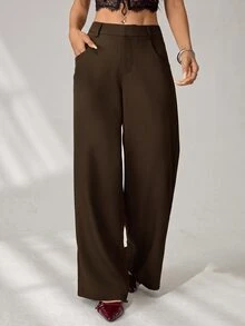SHEIN PETITE Women's Solid Color Casual Versatile Everyday Long Pants - Brown - View 5