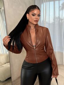 SHEIN SXY 性感修身長袖拉鍊夾克 - 鏽棕色 - 查看 7