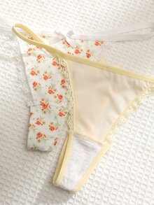 SHEIN 5件裝蕾絲拼接蝴蝶結低腰女款丁字褲 - 彩色 - 查看 3