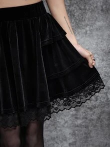 Cryptelle Women's Black Gothic Style Velvet Contrast Lace Short Mini Skirt Halloween Outfit Autumn/Winter - Black - View 4