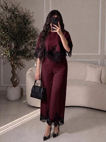 Modelyn 女款蕾絲拼接上衣與長褲休閒日常套裝 - 酒紅色 - 查看 7
