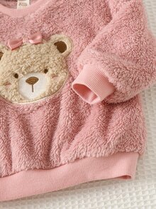 Cozy Pixies Baby Girl Casual Comfortable Daily Versatile Bear Pattern Pink Sweatshirt And Striped Long Pants Set - Pink - View 5