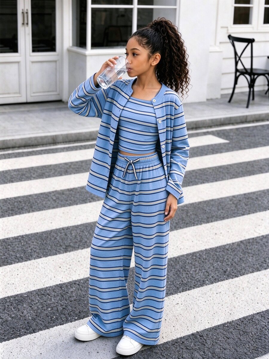 Tween Girl Fall Outfits Fall Striped Jacket & Suspenders Pants Set, Holiday Outfits, Casual, Comfortable - Multicolor - View 1