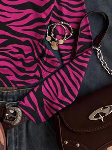 SHEIN EZwear 女款斑馬紋長袖街頭風T恤 - 白色 - 查看 5