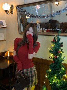 DAZY Autumn/Winter Red Crew Neck Fitted Short Sleeve Knit Sweater And Arm Warmers 2 Pieces Set, Casual Christmas Women's - Red - View 2