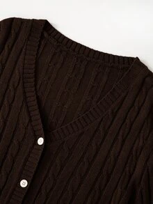 SHEIN LUNE 大尺碼女款純色V領休閒日常外出開襟羊毛衫 冬季 - 棕色 - 查看 3