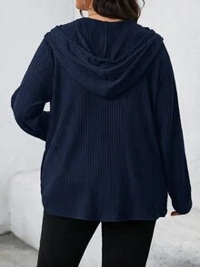 SHEIN LUNE 大尺碼女款純色前拉鍊連帽休閒夾克，秋季 - 藏蓝色 - 查看 2