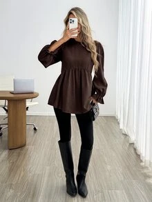 Easowa 女款純色荷葉邊圓領長袖休閒優雅襯衫，杏色，適合教師節、辦公室、早午餐，秋季穿著 - 棕色 - 查看 2