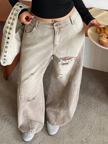 Dazy Plus Vintage slitna löst sittande jeans med revor i koreansk streetstyle, för alla säsonger - Brun - Visa 7