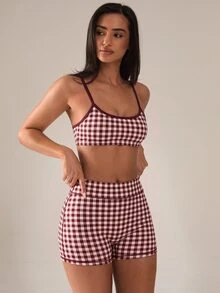 SHEIN BAE Women's Plaid Camisole Top And Shorts Sports Set - Burgundy - View 1