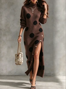 Trelyra Casual Loose High Neck Long Sleeve Knit Polka Dot Jacquard Hem Split Button Design Autumn/Winter Sweater Dress - Brown - View 3