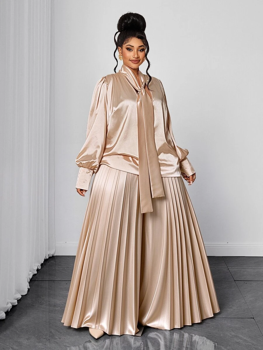Maweii Plus Size Women's Elegant Satin V-Neck Tie Neck Solid Color Party Formal Pleated Wide Leg Pants 2 Pieces Set Fall New Year Christmas Champagne - Apricot - View 1