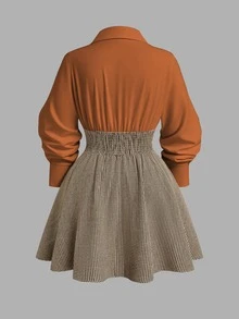 Sweetra Plus Size Colorblock 2 In 1 Houndstooth Cinched Waist Dress Women's Spring/Autumn Shirt Patchwork Pleated Dress, Autumn/Winter Wear Fall - Multicolor - View 2