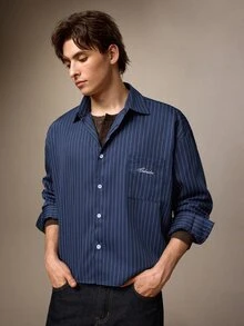 Calmiston Men's Striped Casual Long Sleeve Shirt For Daily Wear - Blue - View 5