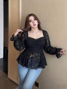 Vibekara New Elegant Sweet Chiffon & Contrast Lace Puff Sleeve Blouse, Frill Trim Cropped Shirt For Women, Slim Fit Fall - Black - View 6