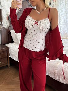 CottageSlumber Romantic Pastoral Ditsy Floral Slim Fit Spaghetti Strap Contrast Color Frill Trim Long Sleeve Cardigan & Pants Women's Pajama Set - Burgundy - View 7