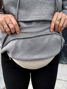SHEIN 孕婦純色長袖休閒抽繩連帽哺乳衛衣 冬季 - 灰色 - 查看 8