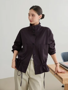 Dazy-Less Women's Purple Lapel Long Sleeve Button-Up Solid Color Loose Casual Versatile Regular Jacket, Autumn/Winter - Purple - View 6
