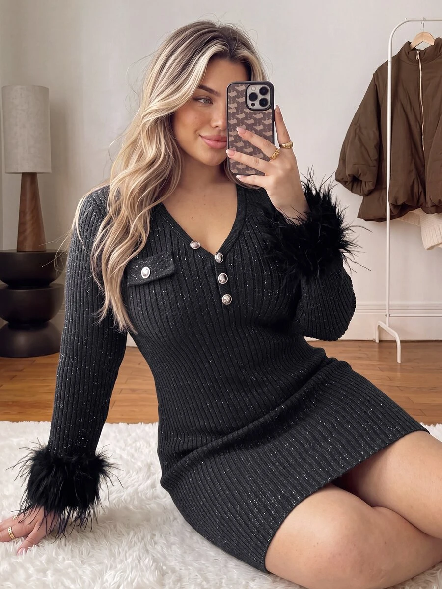 Vionelle Plus Size Women's Fuzzy Patchwork V-Neck Casual Everyday Knit Dress - Black - View 1