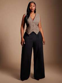 Radiana Plus Button Front Vest Blazer Without Blouse - Brown - View 4