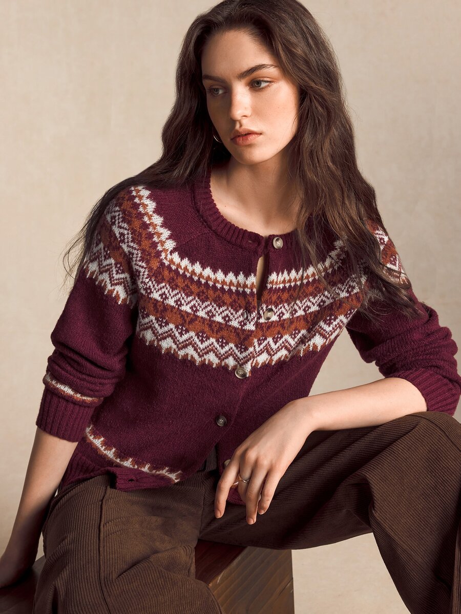 BizChic Women's Geometric Pattern Long Sleeve Single-Breasted Knit Cardigan - Red Violet - View 1