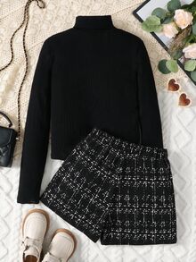 SHEIN 青少年女孩修身休閒極簡舒適高領毛衣與格紋迷你秋季裙套裝 - 黑色 - 查看 2