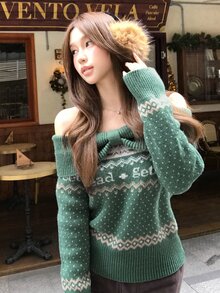DAZY Women's Letter Pattern One Shoulder Long Sleeve Sweater - Green - View 8