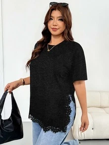 Shapeblank Plus Size Women's Spring/Summer Fashion Casual Loose Elastic Comfortable Daily Basic Versatile Slimming Lace Trim Asymmetrical Hem - Dark Grey - View 5