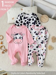 SHEIN Playful Pals 3件組隨機發貨 1件 春夏秋冬新生兒嬰兒連身衣，可愛奶牛印花，甜美粉色女嬰長袖包腳連身衣居家穿著 - 粉色 - 查看 3