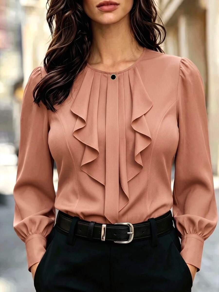 Velvienne Plus Size Elegant Long Sleeve Button-Up Blouse With Ruffle Trim For Women Fall - Coral Pink - View 1