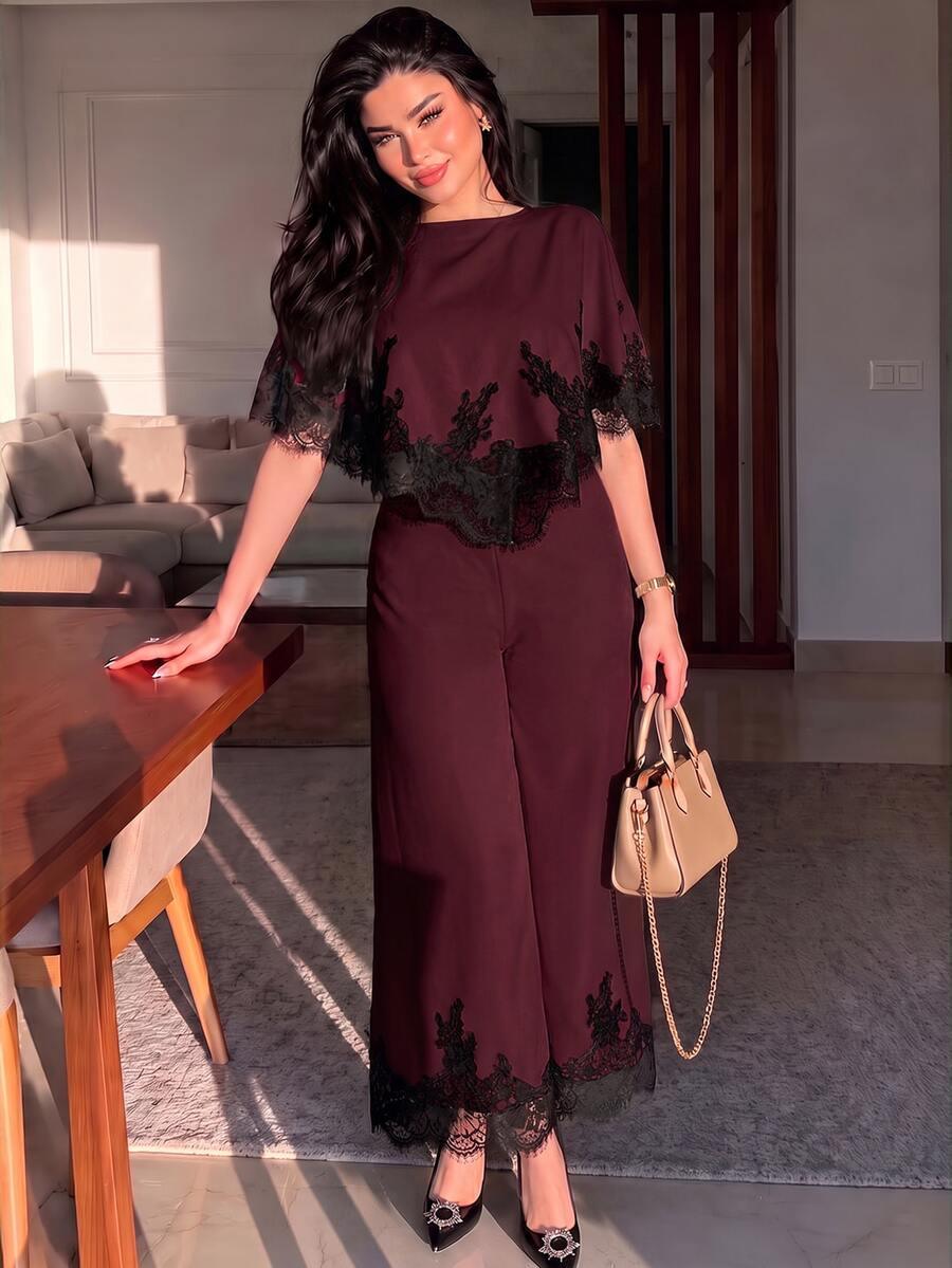 Modelyn 女款蕾絲拼接上衣與長褲休閒日常套裝 - 酒紅色 - 查看 1