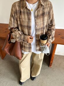 Dazy Plus Vintage Distressed Plaid Loose Fit Korean Style Long Shirt - Brown - View 5