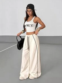 StreetHx 女款對比飾邊寬鬆休閒街頭風運動長褲，開學季度假野餐穿搭，海軍藍，秋季 - 杏色 - 查看 5